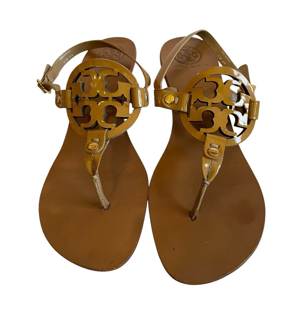 Tory Burch Holly Kitten Heel Sandals Tan/Beige Patent Leather Finish Size 8.5M